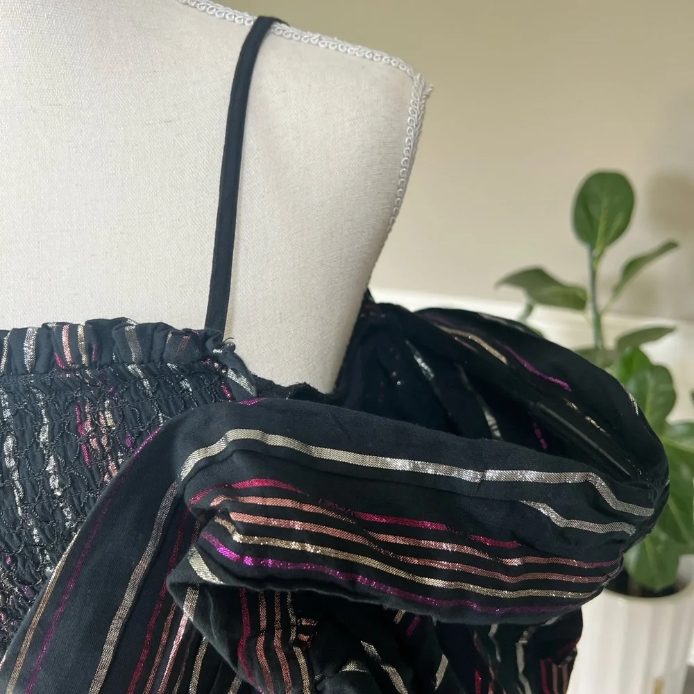 FARM RIO Lurex Stripes One-shoulder Mini Dress in Black M - Picture 7 of 11